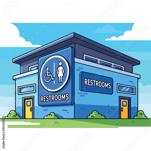 A cartoon building with restrooms signage, clouds, bushes, and doors