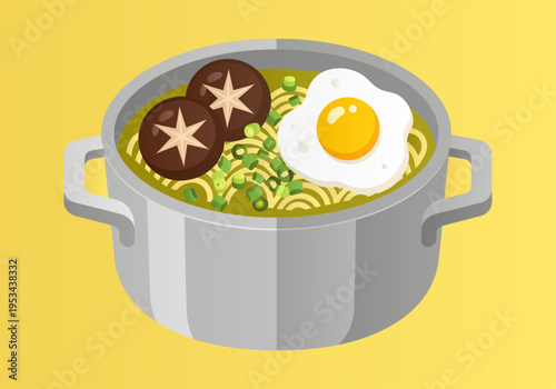 A silver cooking pot sits against a bright yellow background, brimming with hot golden noodles in savory broth, playfully topped with two star-scored mushrooms, sliced green onions, and one fried egg