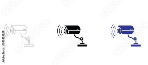  CCTV Surveillance Camera Icon Set with Wireless Signal, Digital Security Video Monitoring Vector Symbols in Outline, Glyph, and Flat Blue Styles for Smart Home Safety and Business Protection