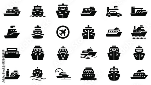 Set of ship icons, cruise ship, container ship, boat, yacht, transport ship, passenger ship, tanker ship, bulk carrier