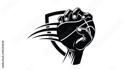 A hand gripping a basketball with dynamic lines a striking silhouette