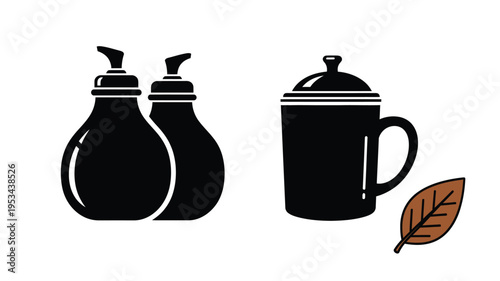 Black silhouettes of kitchenware and a leaf minimal design silhouette