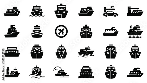 Set of ship icons, cruise ship, container ship, boat, yacht, transport ship, passenger ship, tanker ship, bulk carrier