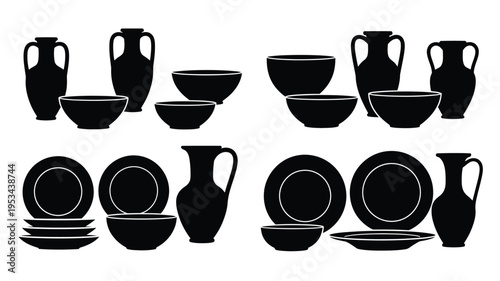 Ancient pottery and tableware collection depicted in black silhouette
