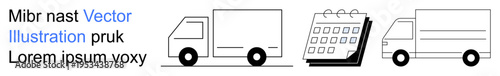 Logistics, schedules, business planning, supply chain, transportation, delivery. Simple line drawings of two trucks and a calendar. Logistics and scheduling concepts