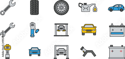 Car service and maintenance icon set including tire wrench oil battery lift vector illustration colored isolated automotive repair design collection