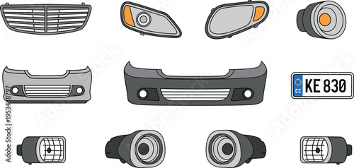 Car parts and automotive components icon set including headlights grille bumper license plate vector illustration detailed isolated design collection
