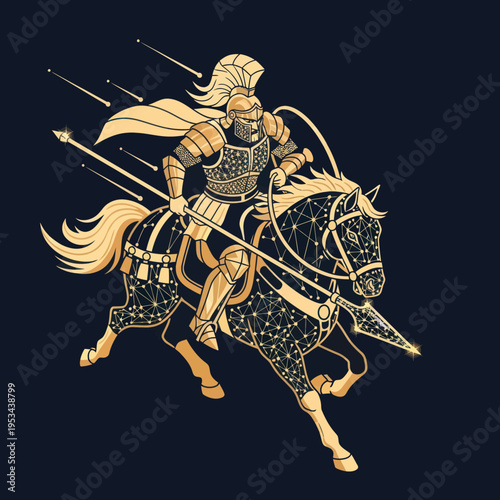 Golden Knight Riding Horse with Spears.
