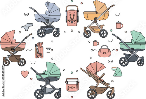 Cute Baby Stroller Collection Circle Illustration with Pram Carriage Different Colors and Newborn Transportation Items for Parenting Nursery Vector Design.