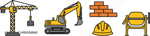 Construction equipment and building tools icon set including crane excavator bricks helmet mixer vector illustration colored isolated design collection