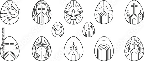 Christian Easter Egg Icon Set with Cross Church Dove and Religious Symbols Line Art Collection for Faith Celebration Holiday Design