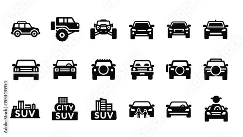 Set of suv car icons. collection of sport utility vehicle silhouettes in various views for city and off-road driving