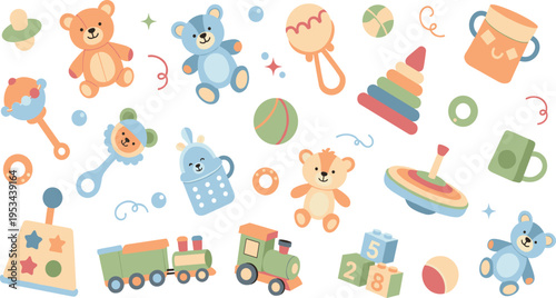 Cute Baby Toys and Accessories Collection Illustration with Teddy Bear Rattle Blocks Train Stacker and Play Items for Kids Nursery Vector Design.