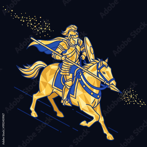 Golden Knight Riding Horse with Spear.
