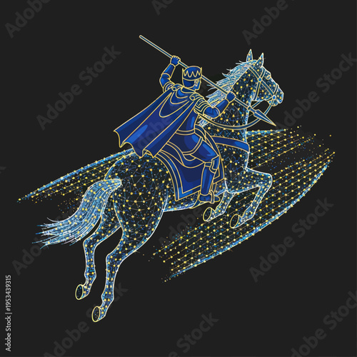 Glowing Blue Knight Riding Horse Illustration.