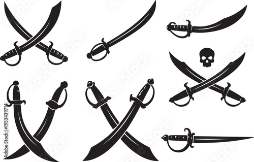 Pirate swords and skull icons in black silhouette on white background