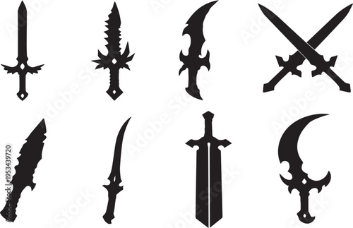 Collection of fantasy sword silhouettes for design and gaming