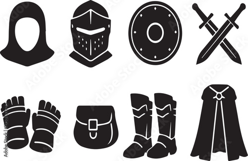 Medieval knight armor and weapon icons set including helmet shield swords