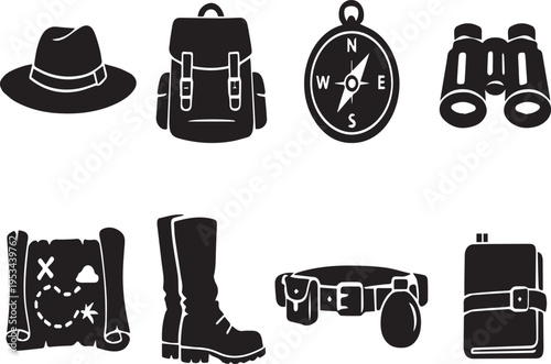 Travel and adventure icons including hat backpack compass and map