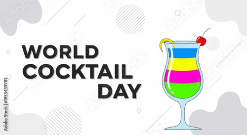 Colorful cocktail glass with rainbow layers cherry and lemon twist on world cocktail day