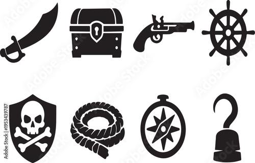 Pirate symbols and objects on white background