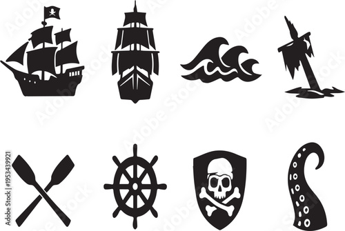 Pirate symbols and nautical icons including ships waves and skulls on white background