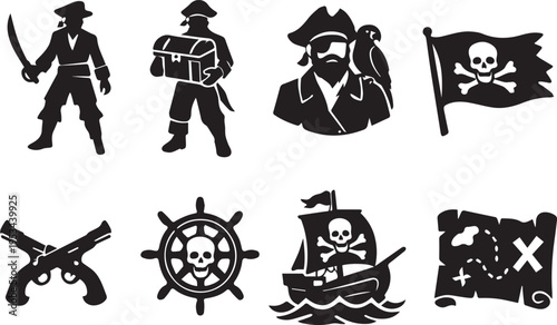 Pirate symbols and icons including characters, Flags, And navigation elements for design