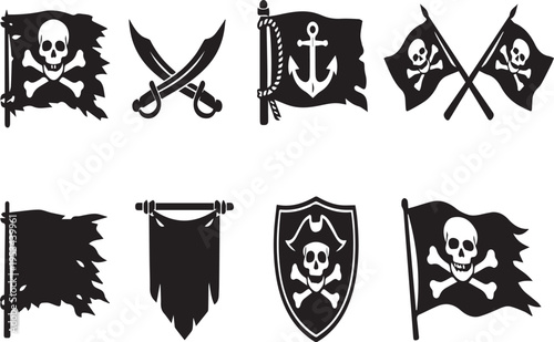 Pirate symbols and flags with skulls, Crossbones, Swords, Anchors on white background