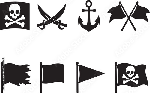 Pirate symbols and flags on white background, Black icons set