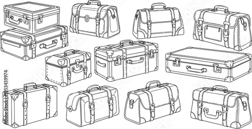 Vintage Travel Luggage Set with Classic Suitcases Trunks and Leather Bags Hand Drawn Line Art Collection for Retro Tourism Design and Illustration