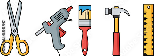 DIY tools and craft equipment icon set including scissors glue gun brush hammer ruler vector illustration colored isolated design collection