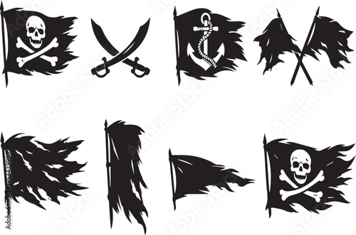 Pirate flags and symbols, Skulls, Swords, Anchors, And banners on white background