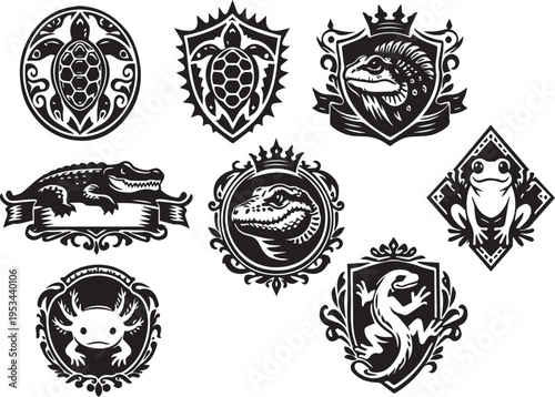Collection of reptile and amphibian crests and shields with ornate designs