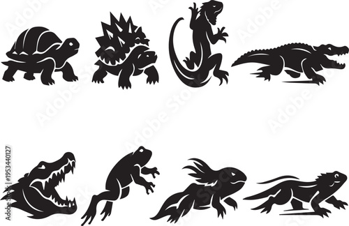 Collection of reptile silhouettes including turtle lizard crocodile and dinosaur