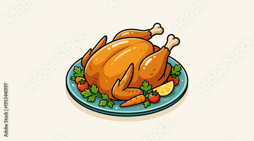 Whole Roasted Chicken on Plate Vector Icon