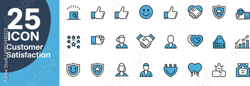 Collection of 25 customer satisfaction icons in blue and black, featuring thumbs up, stars, handshake, heart, shield, and service representative symbols.