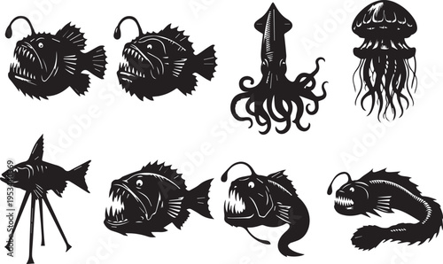 Collection of deep sea creatures silhouettes including anglerfish squid jellyfish