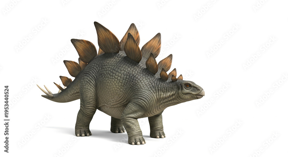 Fototapeta premium A detailed 3D rendering of a Stegosaurus dinosaur, showcasing its iconic back plates and tail spikes, isolated on a clean white background.