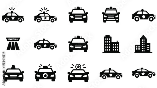 Set of police car icon vector. Police cars, road, and buildings icon vector