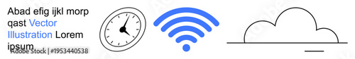Time management, internet connectivity, cloud computing, digital communication, vector symbols, modern technology. Clock, wireless icon cloud line art. Time management and internet connectivity