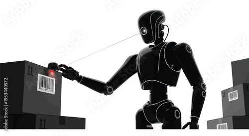 Sleek black humanoid robot illustration scanning barcodes on stacked boxes in an automated warehouse concept.