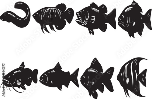 Collection of various fish species silhouettes on white background