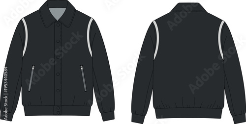 Black Harrington Varsity Jacket Vector Mockup Front and Back View with White Stripe Detail Zipper Pockets and Button Closure for Fashion Design Technical Flat (25 words)