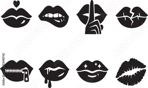 Collection of black lip icons in various expressions and styles for design