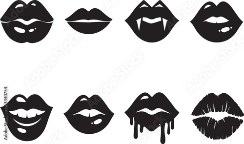 Collection of black lip silhouettes with various expressions and styles on white background