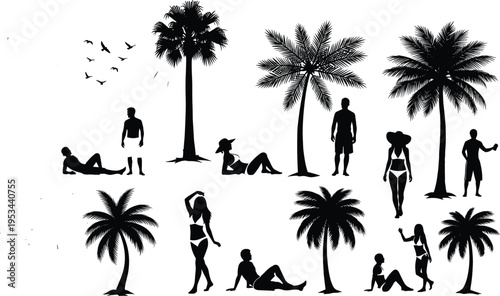 People enjoying sunny day at tropical beach with palm trees and birds
