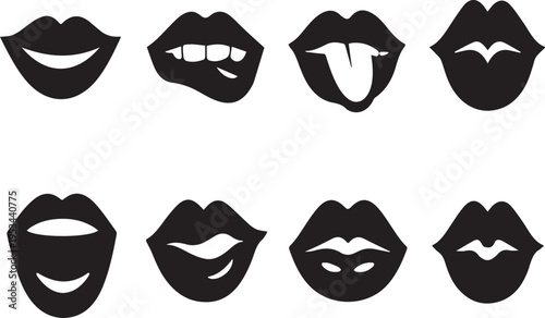 Collection of various black lip and mouth silhouettes on white background