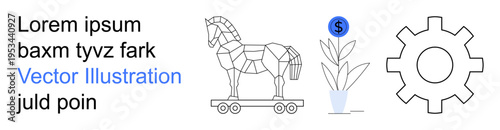 Cybersecurity, financial risk, online security, malware, software, innovative tech. Trojan horse outline, dollar sign plant gear symbol. Cybersecurity and financial risk conceptual imagery