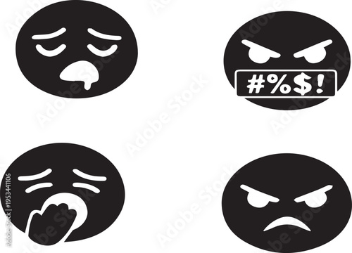 Set of four emoticon faces with angry and frustrated expressions on white background