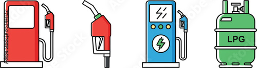 Fuel and energy station icon set including petrol pump nozzle electric charger LPG tank vector illustration colored isolated design collection